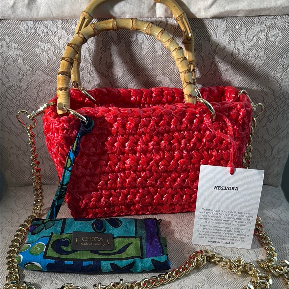 Chica Red Woven Handbag with Bamboo Handles